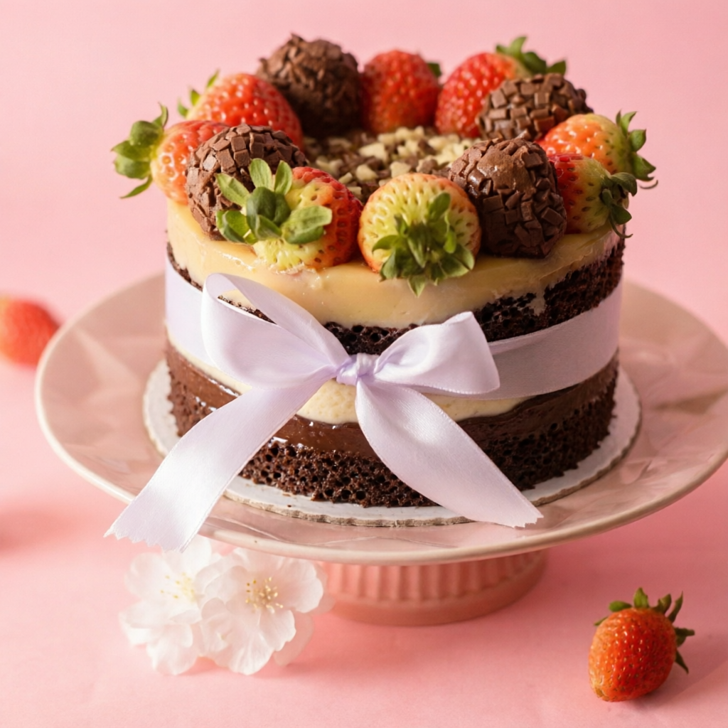 Massa chocolate 50%, Recheio de brigadeiro branco e brigadeiro tradicional.