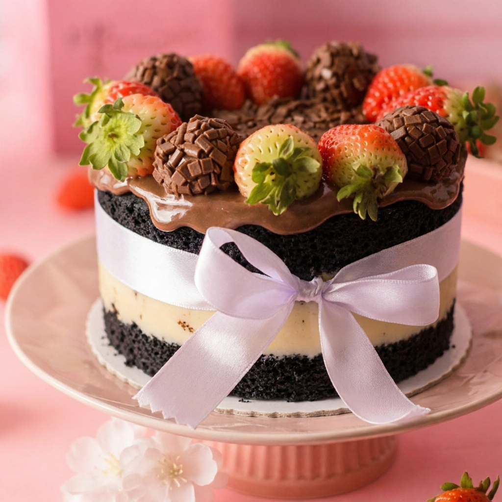 Massa Black, recheio de leite moça firme com morangos e brigadeiro belga.