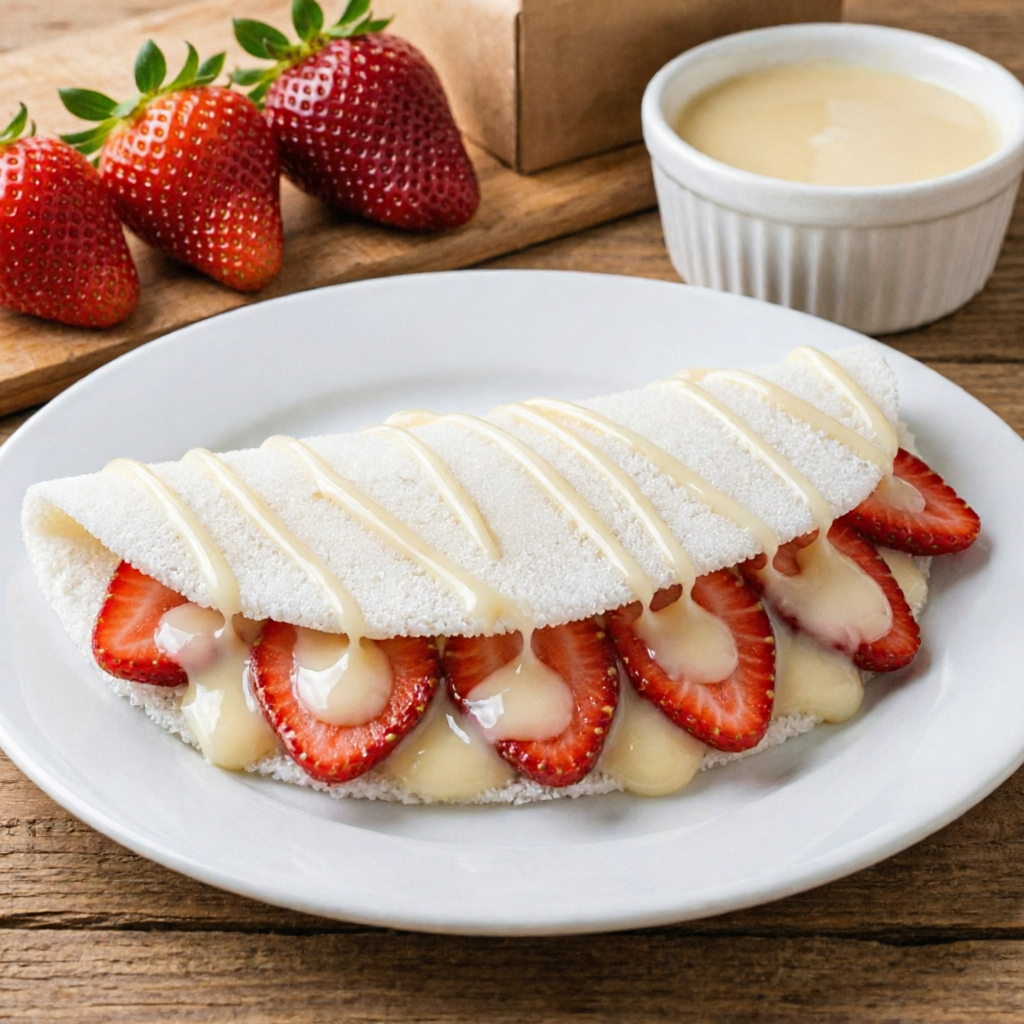 Uma combinação delicada, refrescante e irresistível! Tapioca preparada na hora, recheada com morangos fresquinhos e leite condensado cremoso, criando o equilíbrio perfeito entre o sabor suave da fruta e a doçura na medida certa. Uma opção leve e deliciosa para adoçar o seu dia!