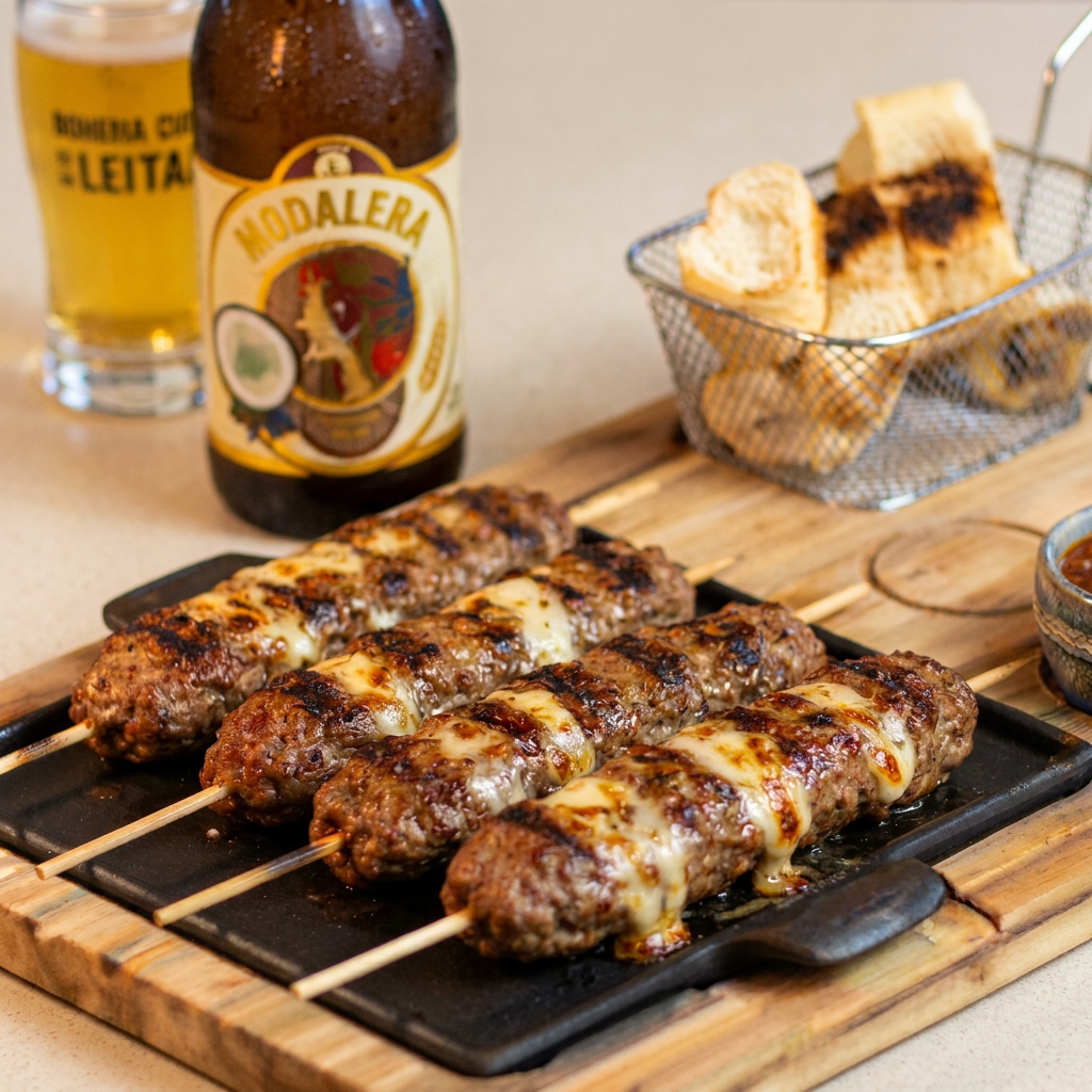 Nosso clássico espetinho de kafta recheado com queijo derretido. A combinação perfeita de tempero artesanal e máxima cremosidade.