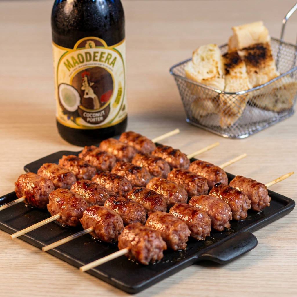 Espetinho de linguiça toscana de alta qualidade. Suculenta, temperada e com aquele autêntico gostinho de churrasco de brasa.