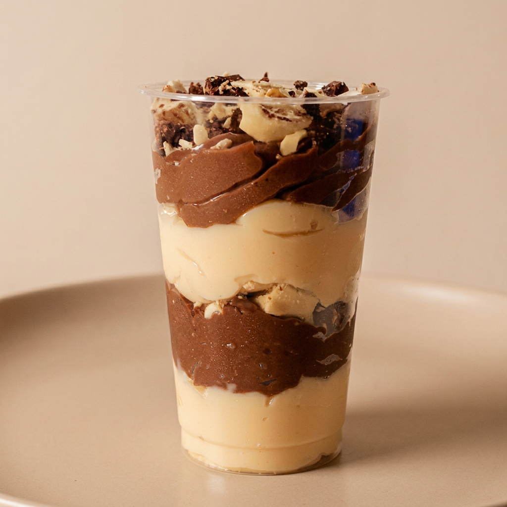 Um delicioso copo com dois tipos de brigadeiro cremoso de branco e chocolate entre camada bombons Ouro Branco e por cima serve uma pessoa
