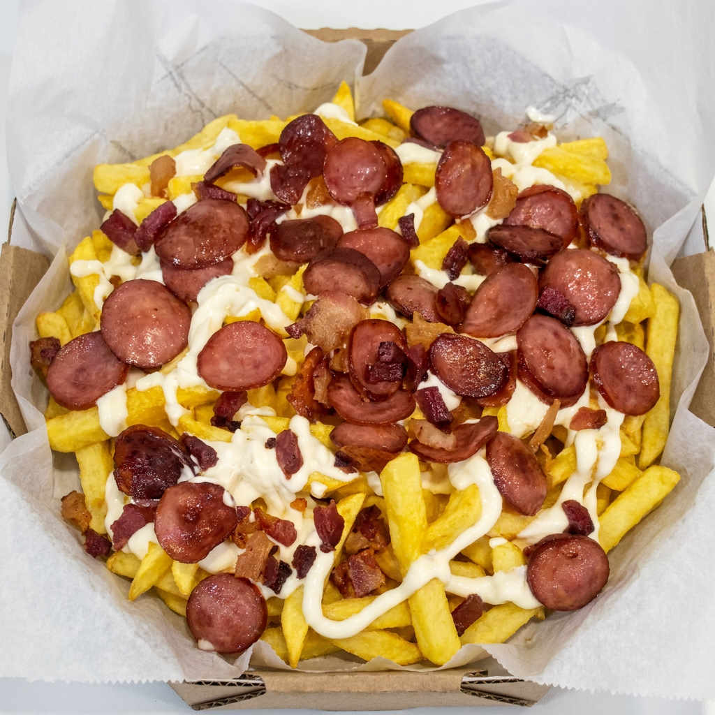 Batata frita, calabresa, bacon, Catupiry, cheddar,