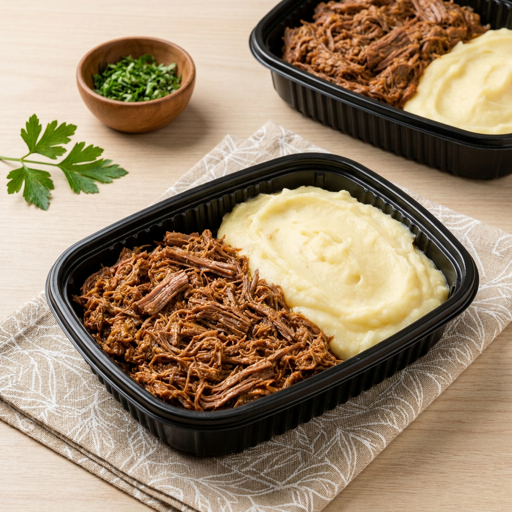 Carne louca desfiada, arroz e purê de batata.