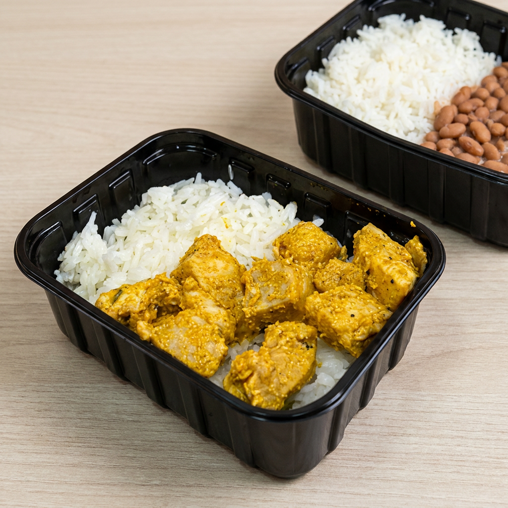 Cubos de frango temperados com lemon pepper, arroz e feijão.