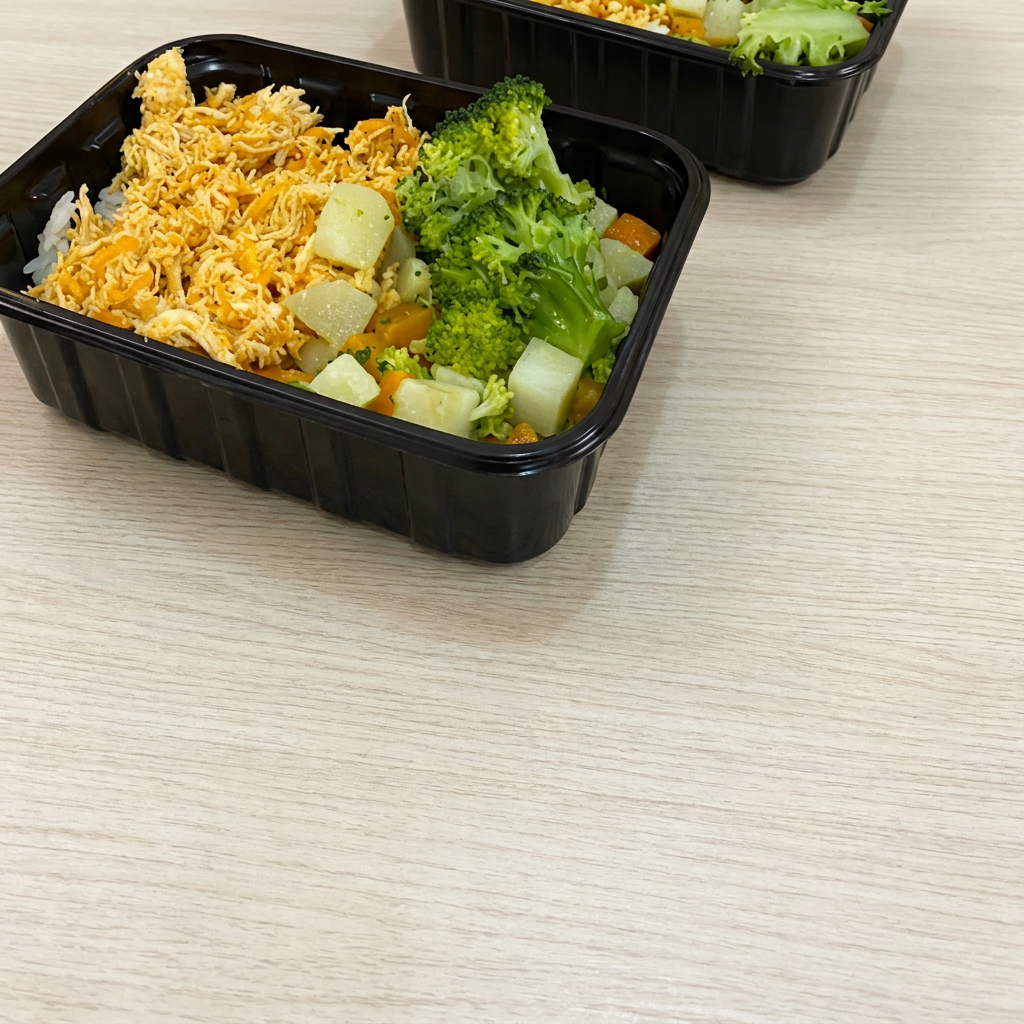 Frango desfiado, legumes e arroz.