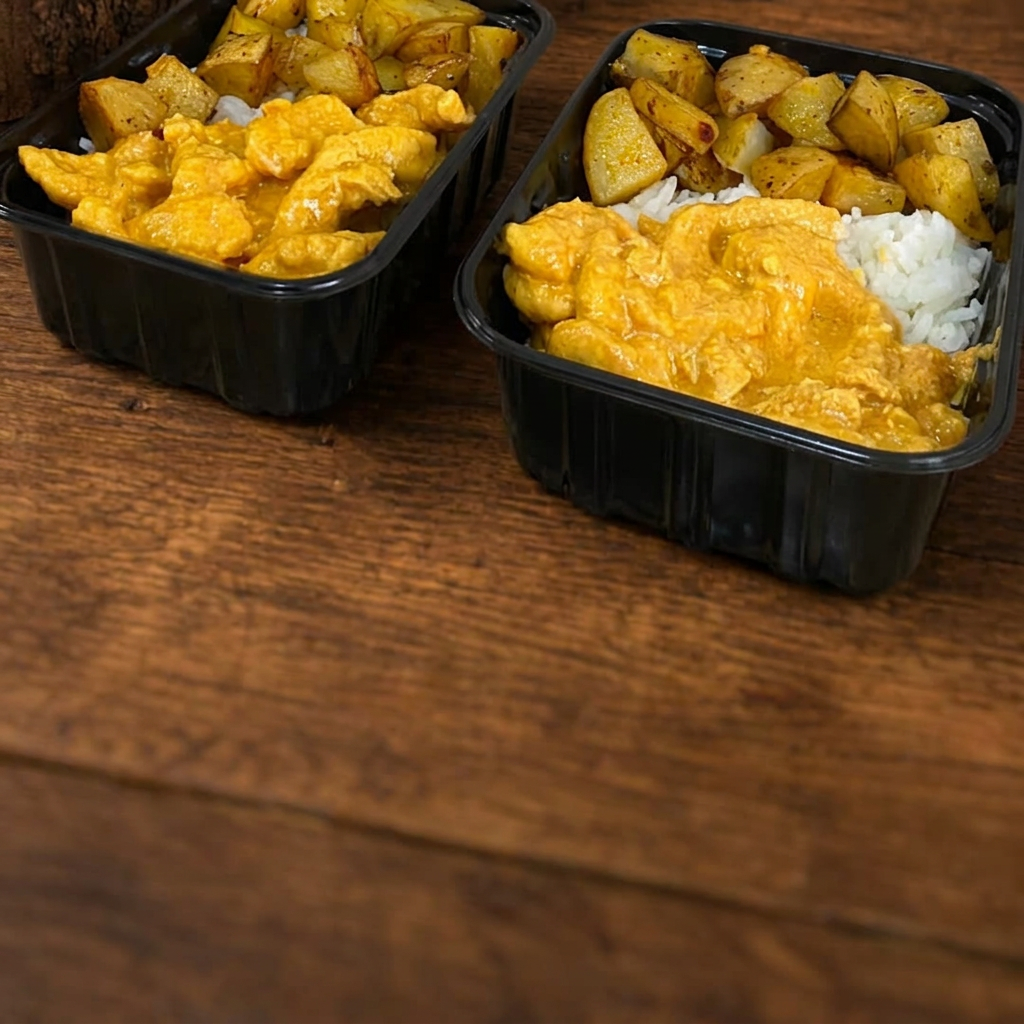 Strogonoff de frango, arroz e batata assada.