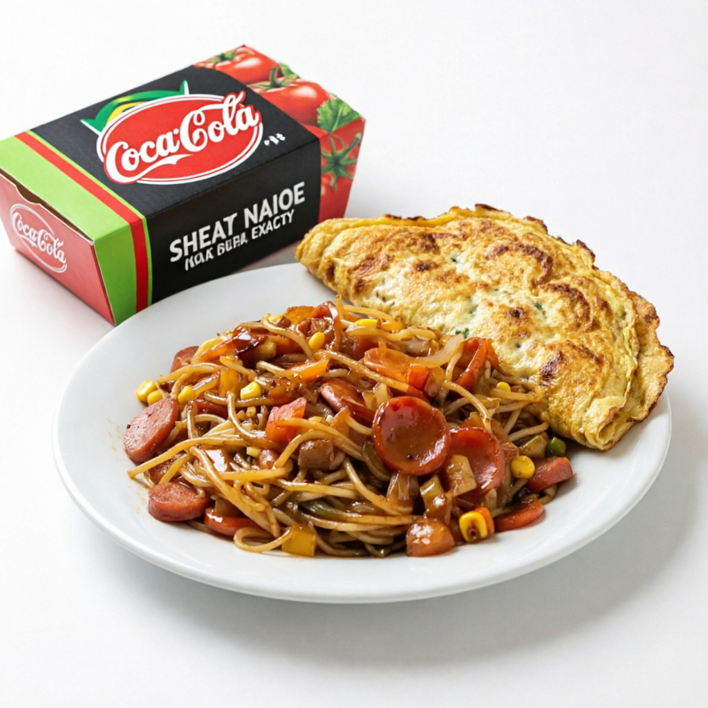 Macarrão, molho de tomate, shoyu, milho, e pimentão. Acompanha omelete.