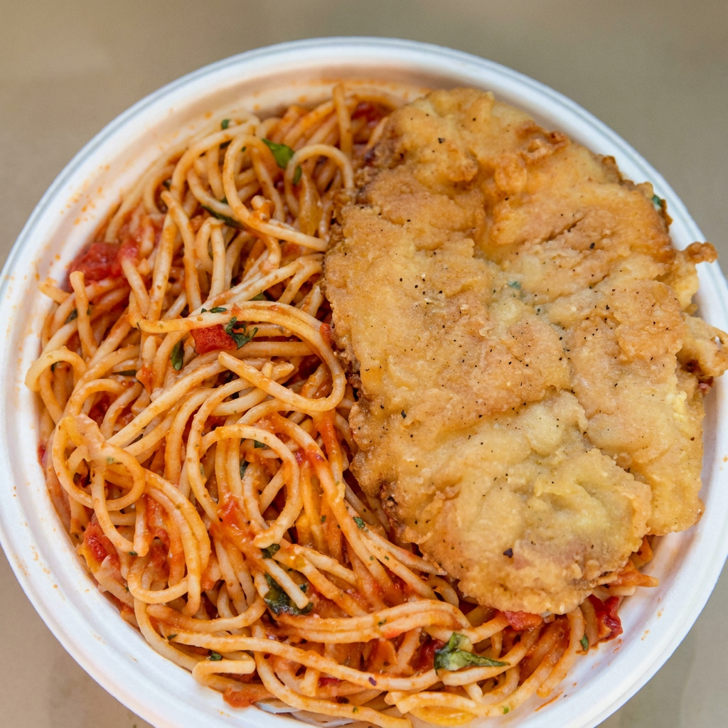 Marmita com delicioso filé de frango empanado na massa crocante acompanhado de macarrão espaguete ao molho. Marmita indicada para 01 pessoa.
marmita de tamanho 500ml
peso de aproximadamente 300g