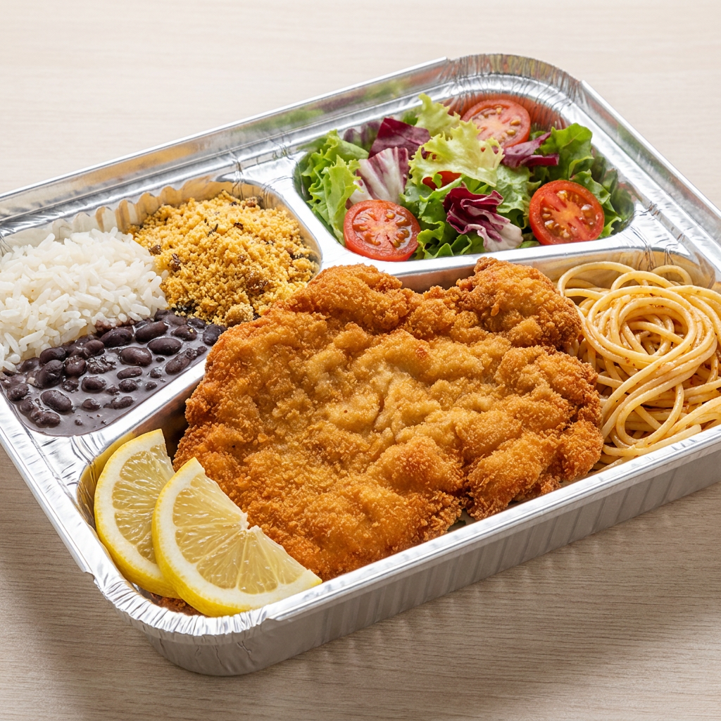 Arroz, Feijão, Farofa, Macarrão, Frango a milanesa e salada