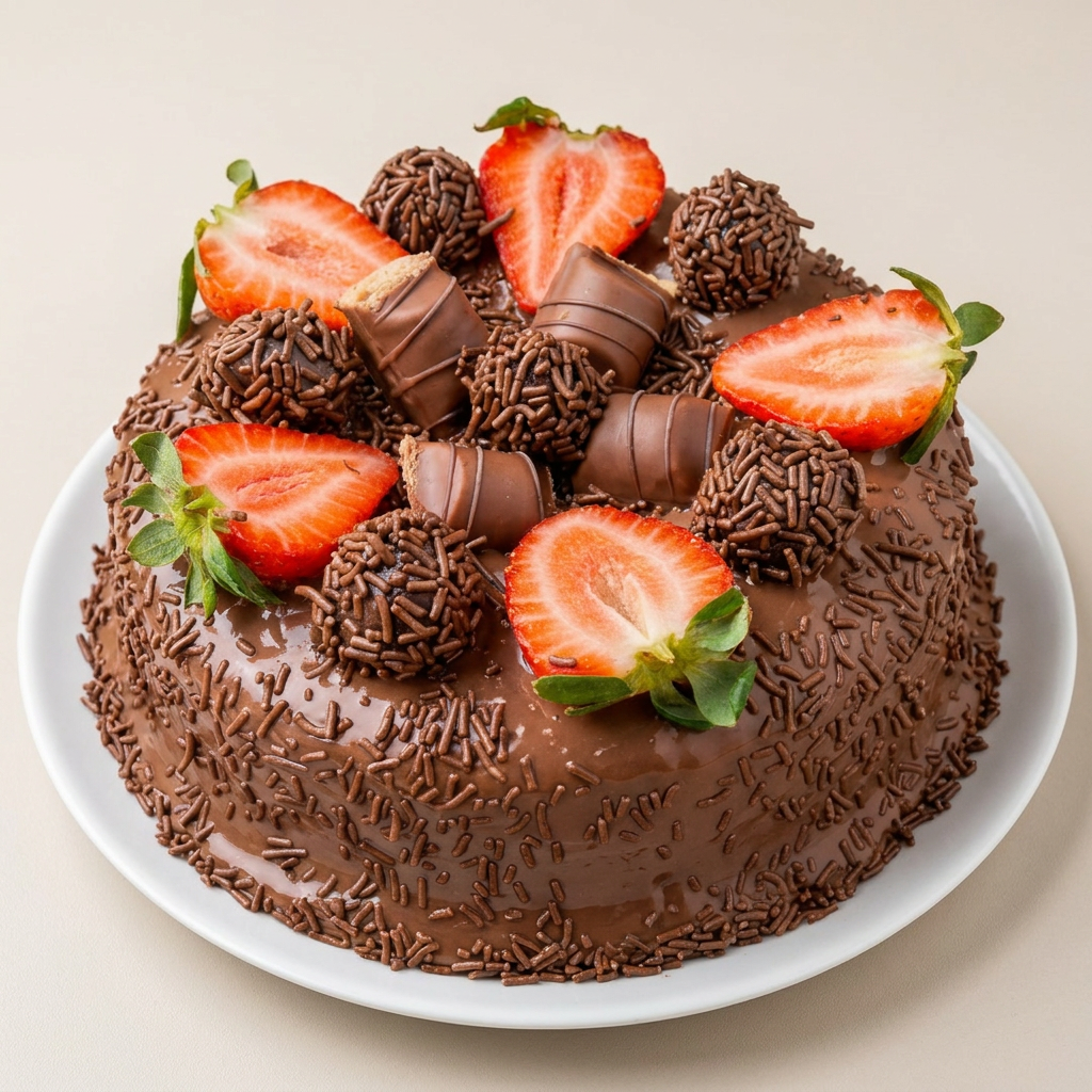 Massa de chocolate fofinha e úmida, com Brigadeiro cremoso no centro e muita cobertura de Brigadeiro de chocolate ao leite , decorado com brigadeiros, Kinder Bueno e morangos frescos. Serve 10 fatias generosas.