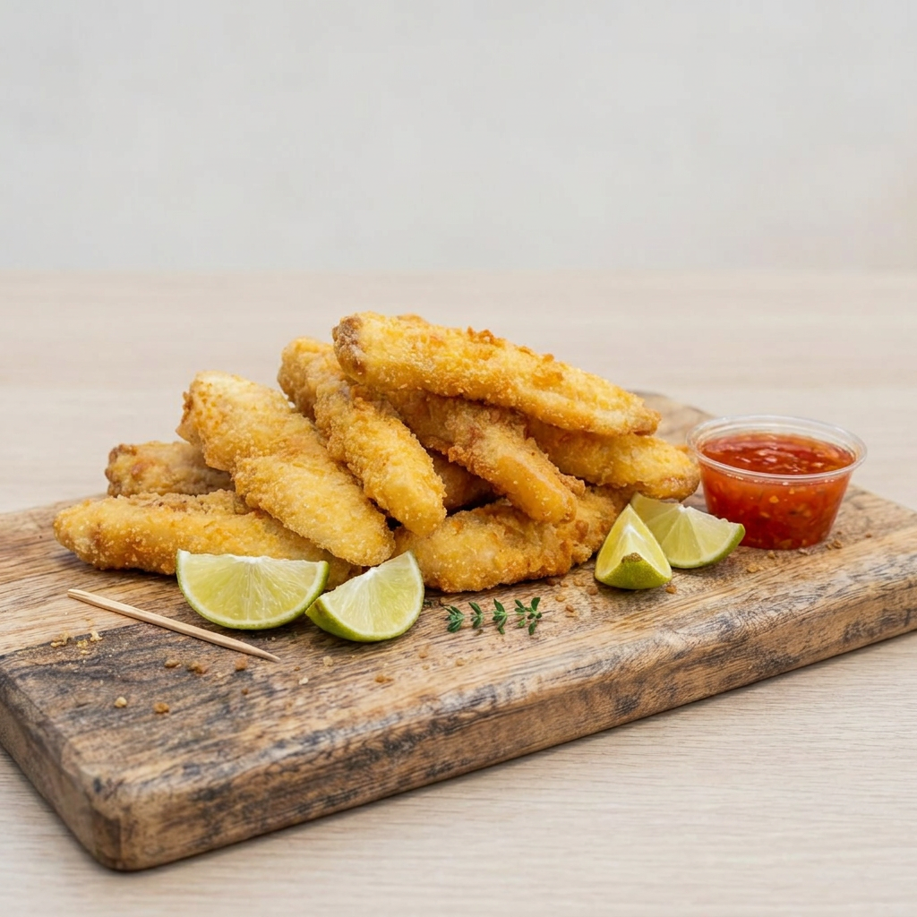 300g de tiras de tilápia fresca empanada, acompanhadas de um exclusivo molho da casa e fatias de limão.