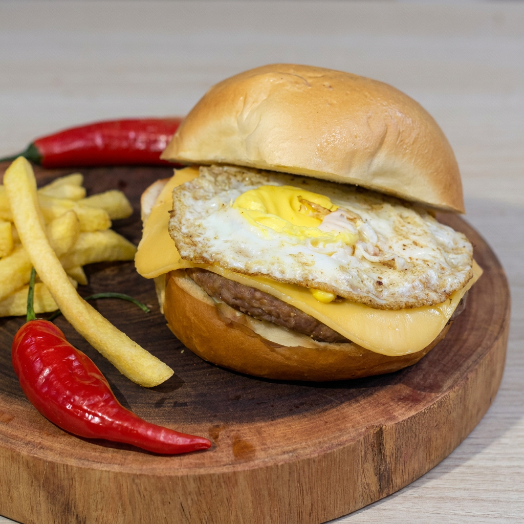 Pão, Hambúrguer, Mussarela e Ovo