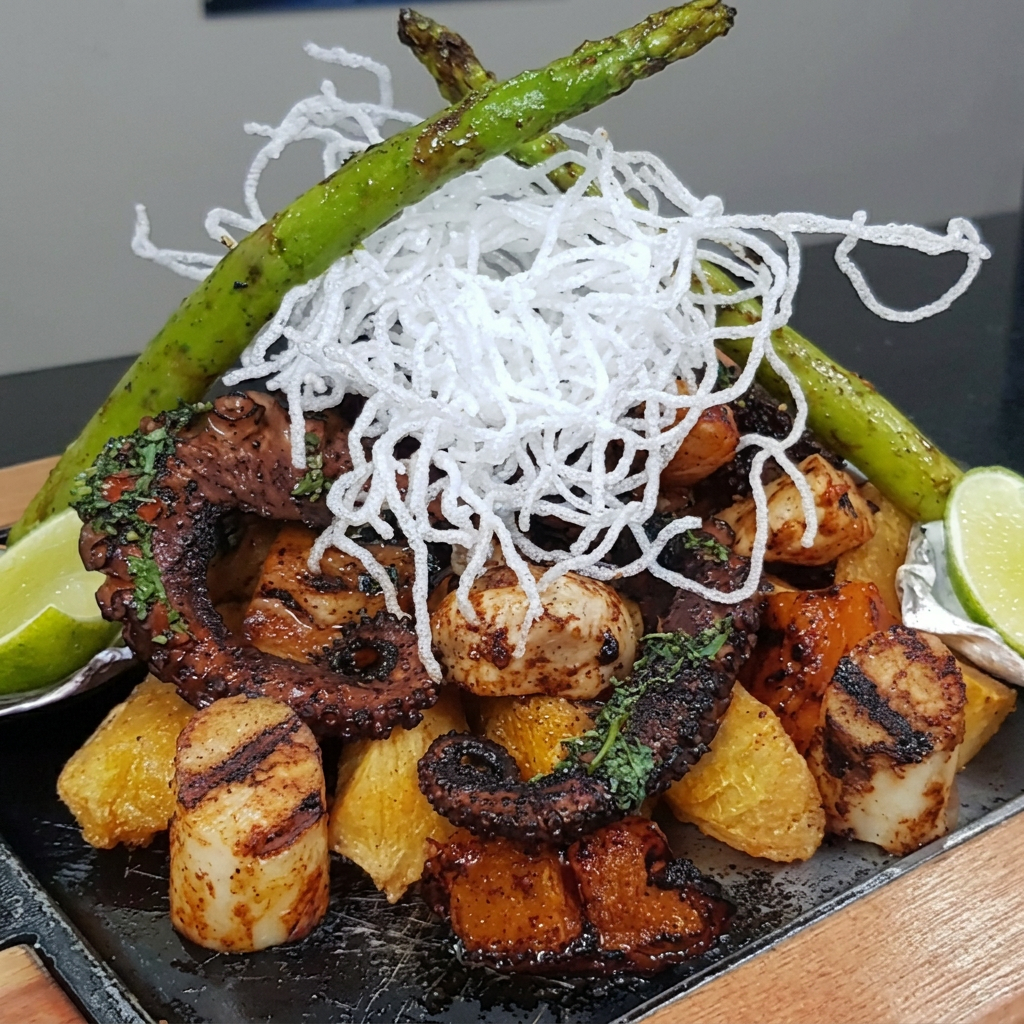 Polvo 220g marinados em panka e grelhado com sabores defumados. Acompanha mandiocas fritas, pimentão, palmito, cogumelo, aspargo e chimichurri da casa.