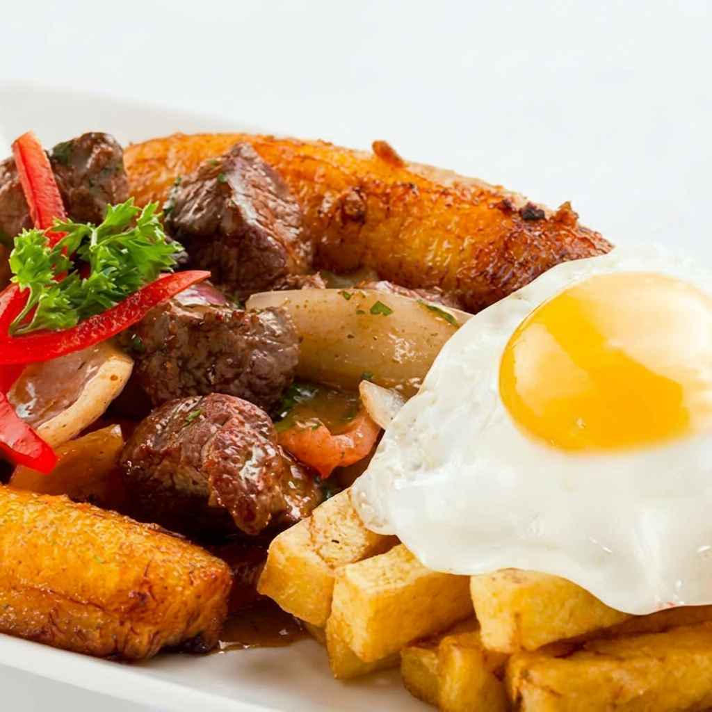 Cortes de file mignon salteados ao wok, com molho achifado da casa, cebola, tomate. Acompanha arroz, batatas rusticas, banana da terra frita e ovo frito a inglesa