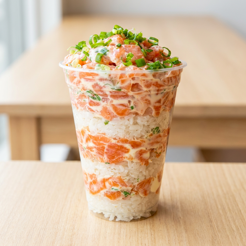 Temaki no Copo de 300 ml: arroz japonês temperado (shari) + cream cheese com cebolinha verde. Salmão grelhado, salmão fresco ou salmon skin, escolha o seu.