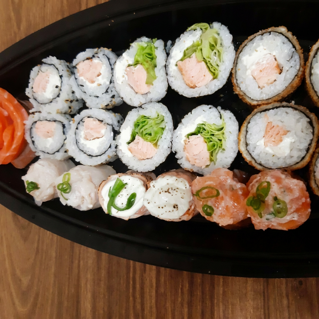 4 Hot Roll, 4 Hossomaki Grelhado, 4 Uramaki Grelhado, 2 Joe De Salmão Cru, 2 Joe De Salmão Flambado, 2 Joe De Tilápia E 10 Sashimis De Salmão.