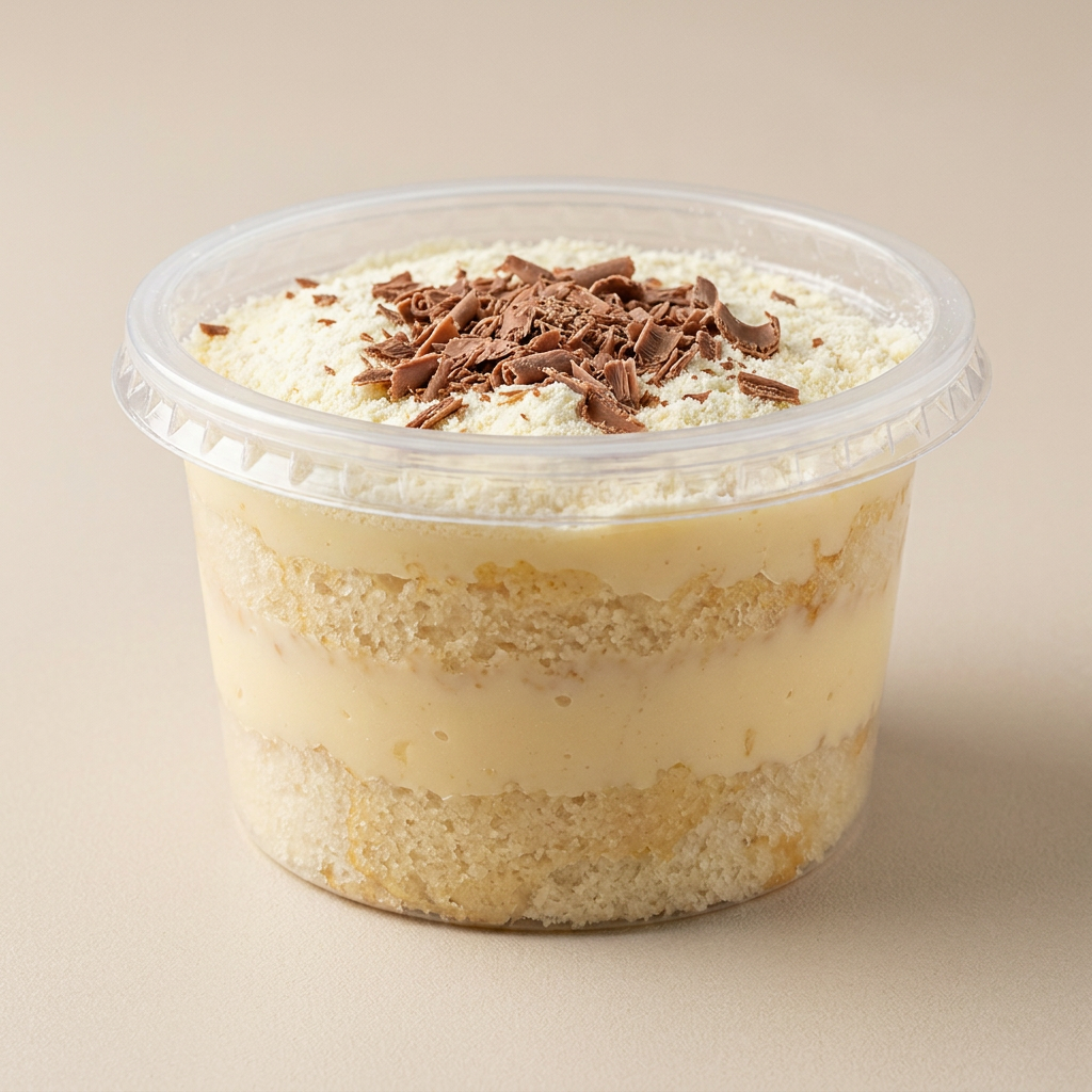 Massa branca de baunilha, dupla camada de creme de Ninho com chocolate branco, cobertura de Ninho com raspas de chocolate