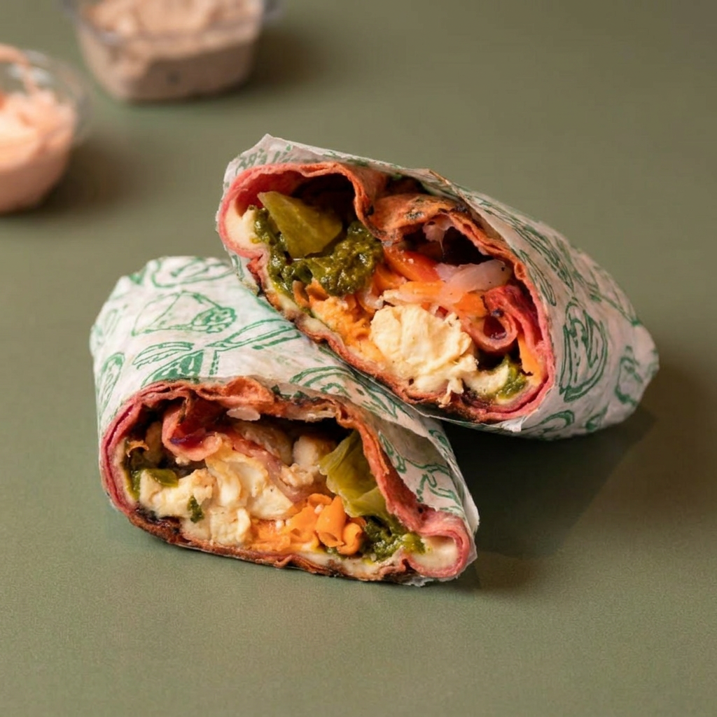 Delicioso wrap com mix de rúcula e agrião, cremosa mussarela de búfala, azeitona preta, tomate da casa e finalizado com parmesão ralado. Acompanha maionese de azeitona misturada no wrap!
