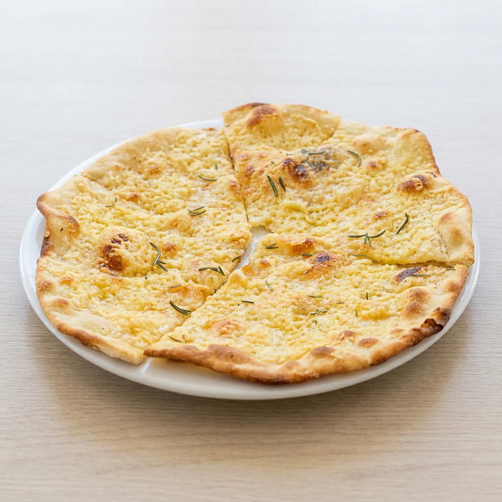 Massa de fermentação lenta bem fininha com azeite extra virgem, parmesão e alecrim