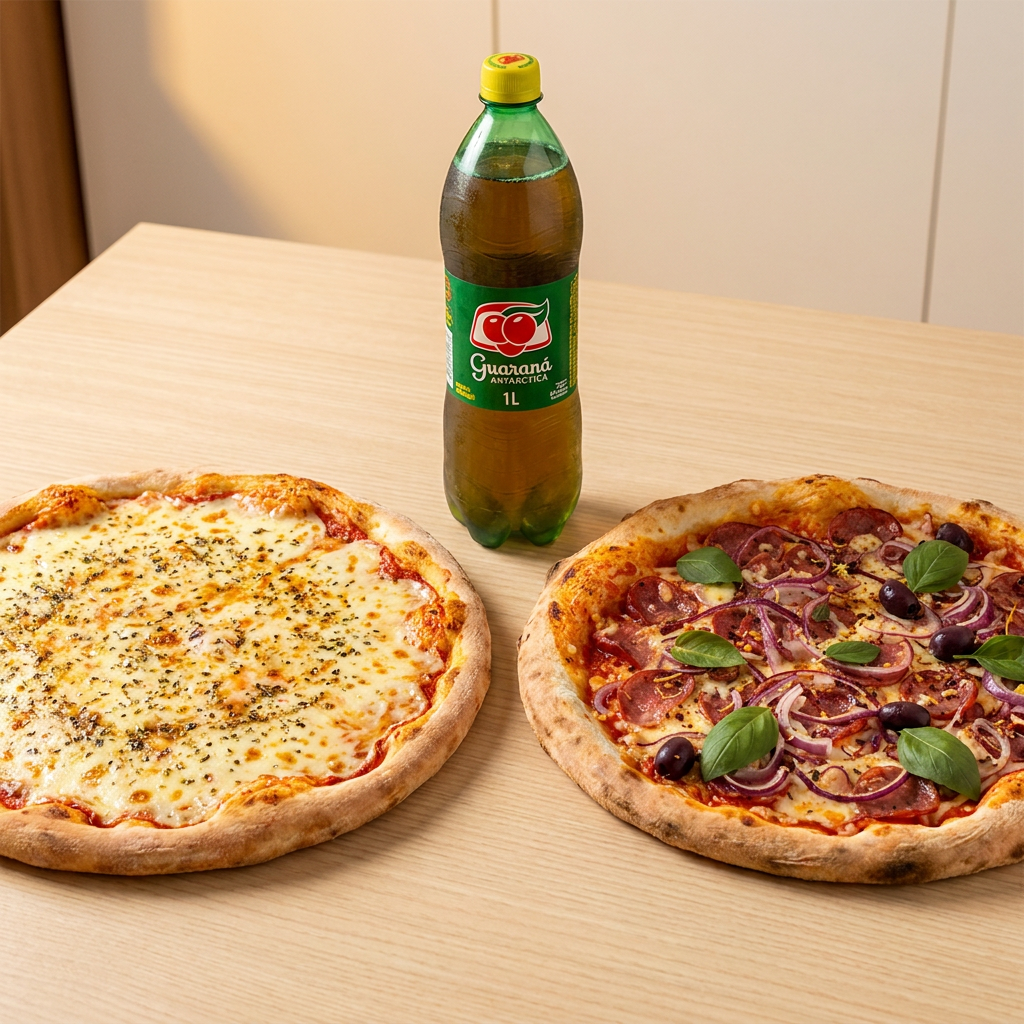 1 Pizza Mozzarella 30cm + 1 Pizza Calábria 30cm+ 1 Guaraná antártica 1 L