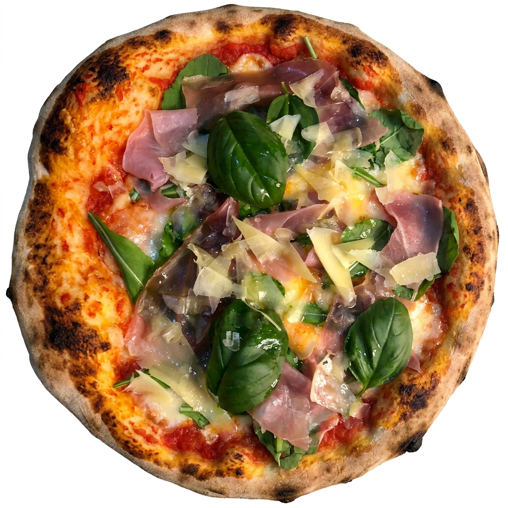 Pizza de 30cm. Molho pomodori, mozzarella, rúcula presunto di parma, lascas de parmesão e manjericão