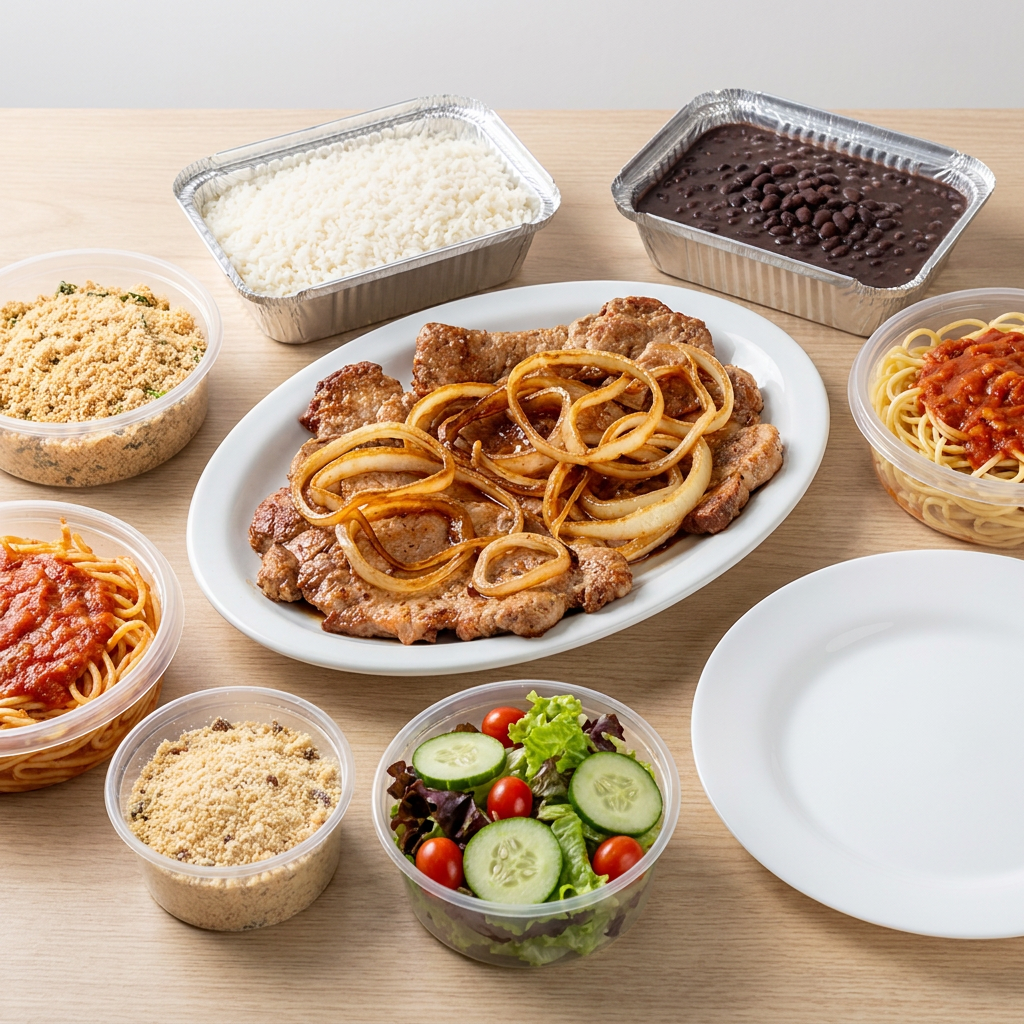 Arroz, feijão, farofa, macarrão, salada de alface com tomate e legumes