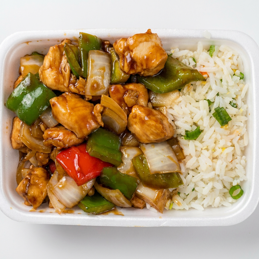 Frango Xadrez- Este prato combina de cubinhos de frango c/ pimentões verde e vermelhos, cebola e amendoim porção individual metade frango xadrez e metade arroz primavera Maravilhoso ,feito com carinho.