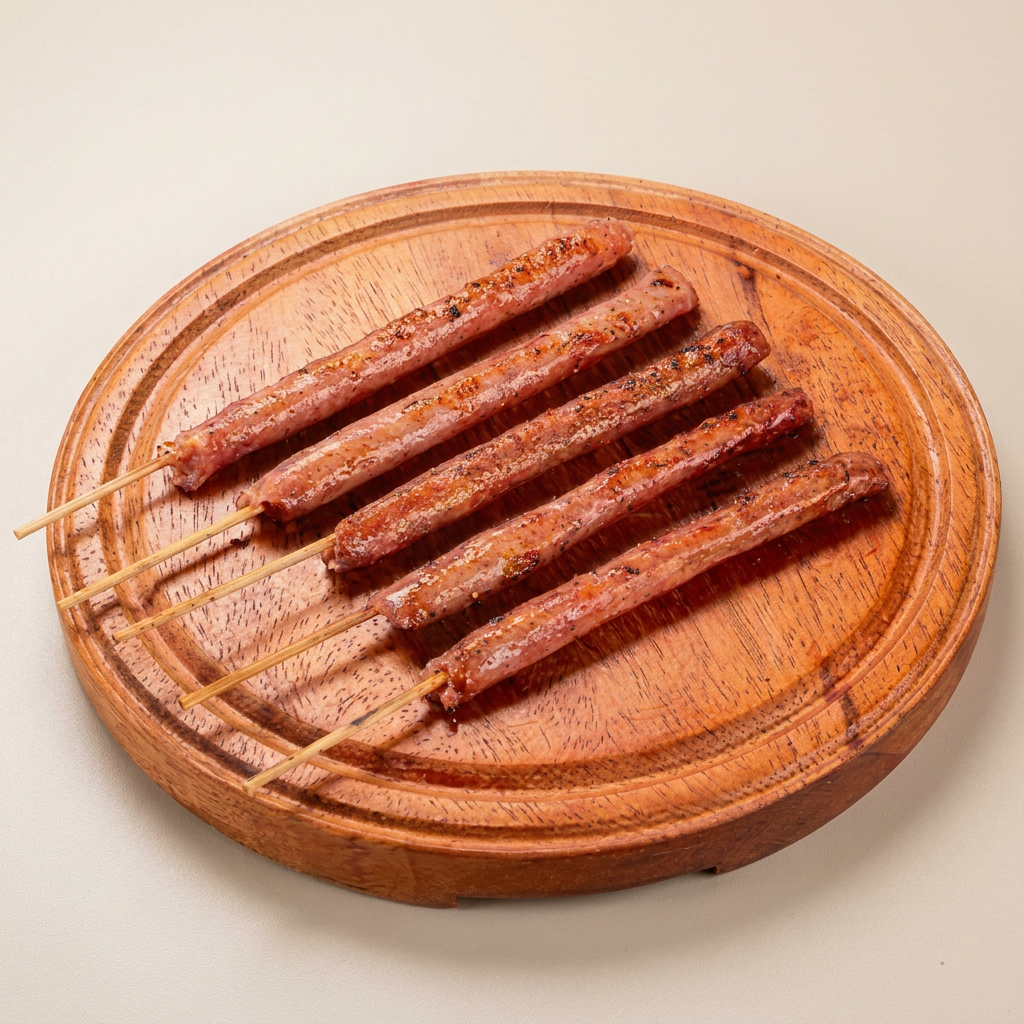 Espeto de linguiça tipo toscana acompanhado com porção 30g de farofa de costela e molho especial da casa.