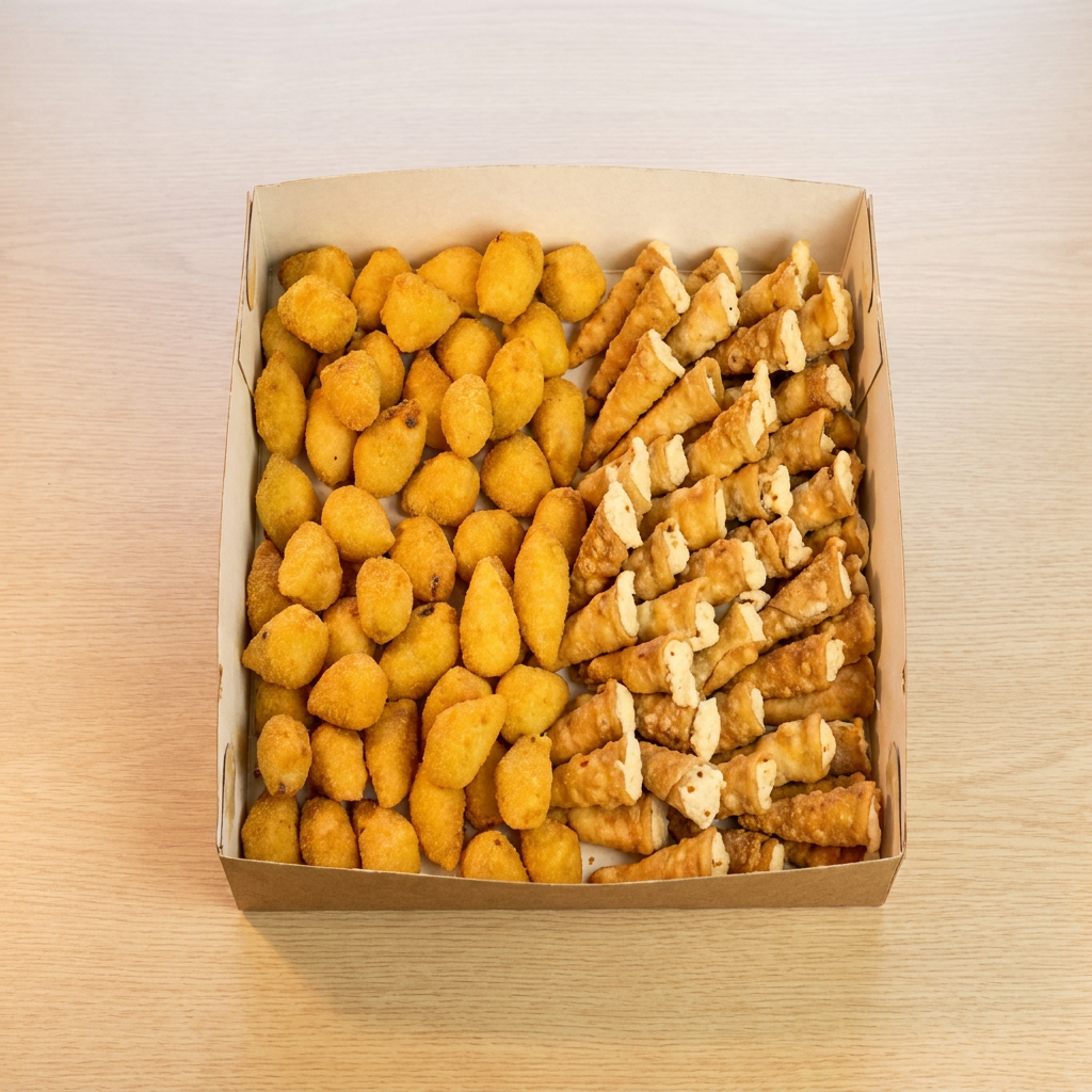 Coxinha de frango e canudinho de frango.