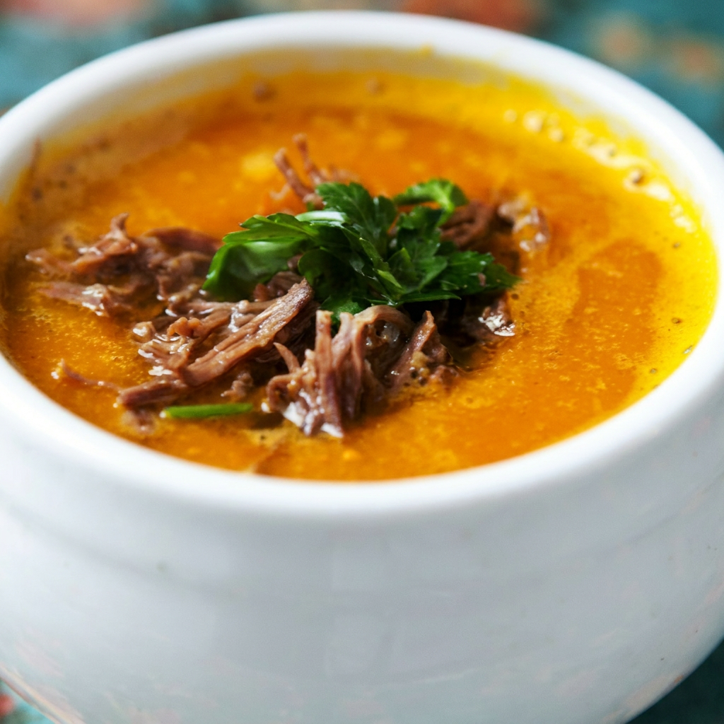 Delicioso creme de abóbora com carne desfiada e com os temperos da casa. Porção de 600ml. Foto meramente ilustrativa.