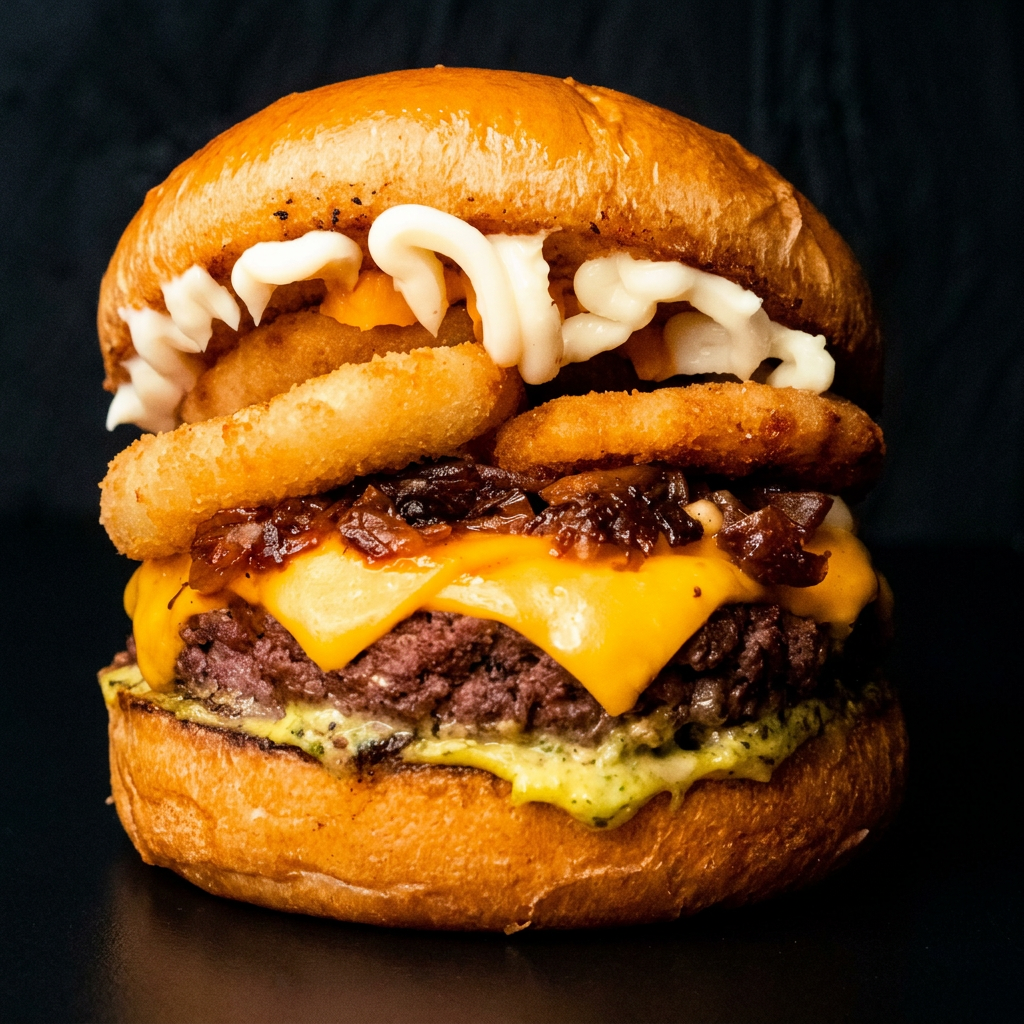 Pão brioche, Catupiry, cheddar, barbecue, cebola empanada, cebola caramelizada, carne de 150gr e maionese da casa.