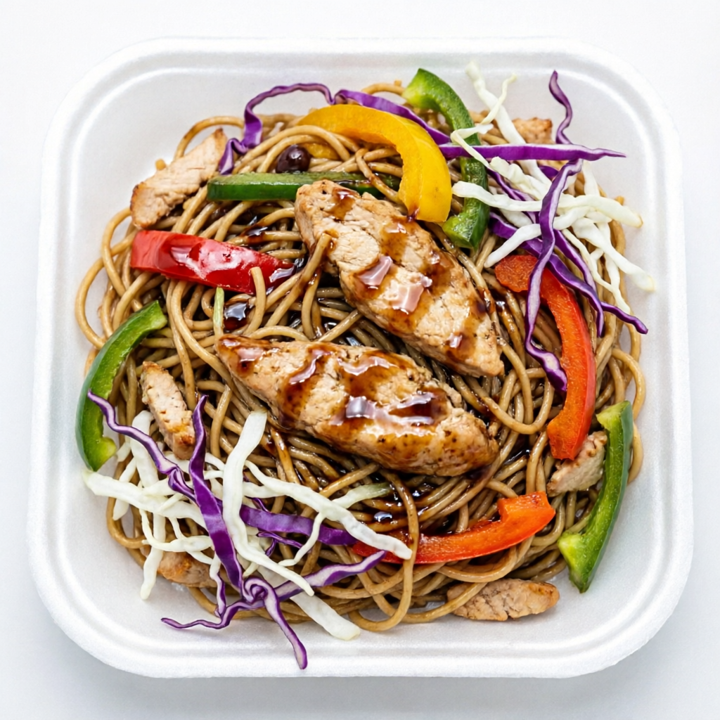 Macarrão, filé de frango, pimentões, repolho roxo e branco, temperados com molhos shoyu e teriaki.