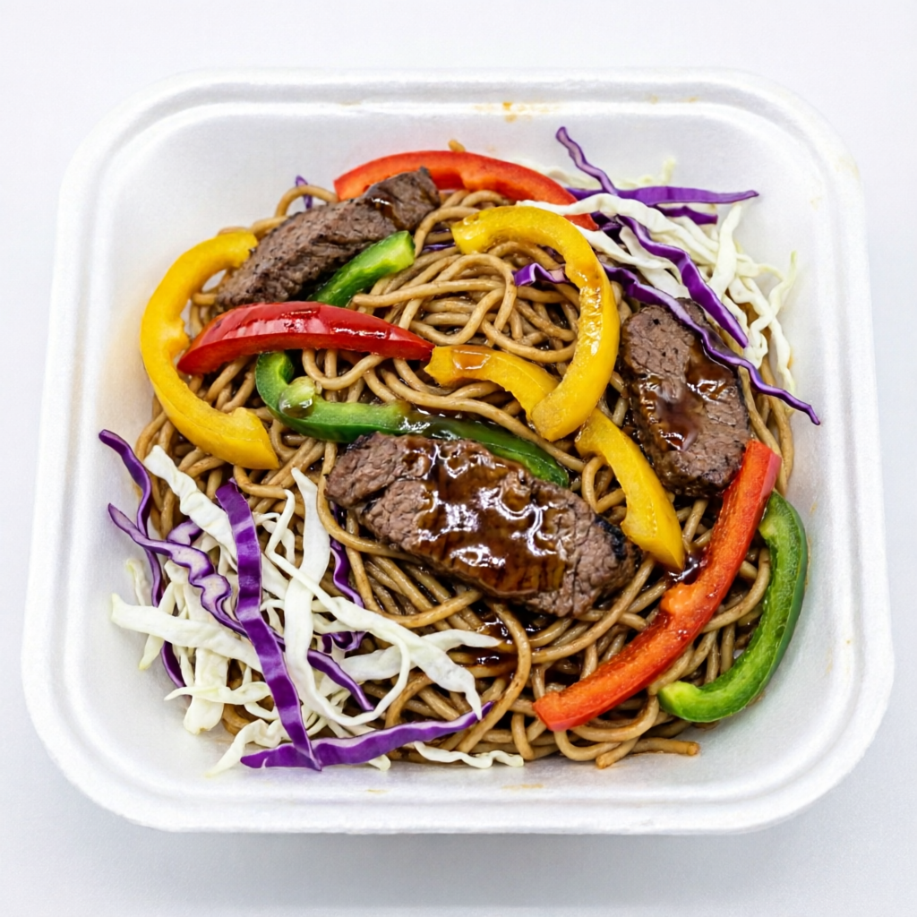 Macarrão, carne, pimentões, repolho roxo e branco, temperados com molhos shoyu e teriaki.