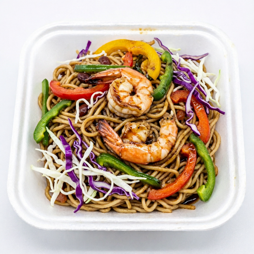 Macarrão, camarão, pimentões, repolho roxo e branco, temperados com molhos shoyu e teriaki.
