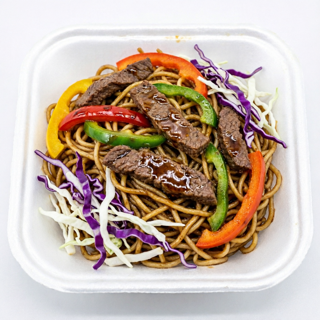 Macarrão, carne, pimentões, repolho roxo e branco, temperados com molhos shoyu e teriaki.