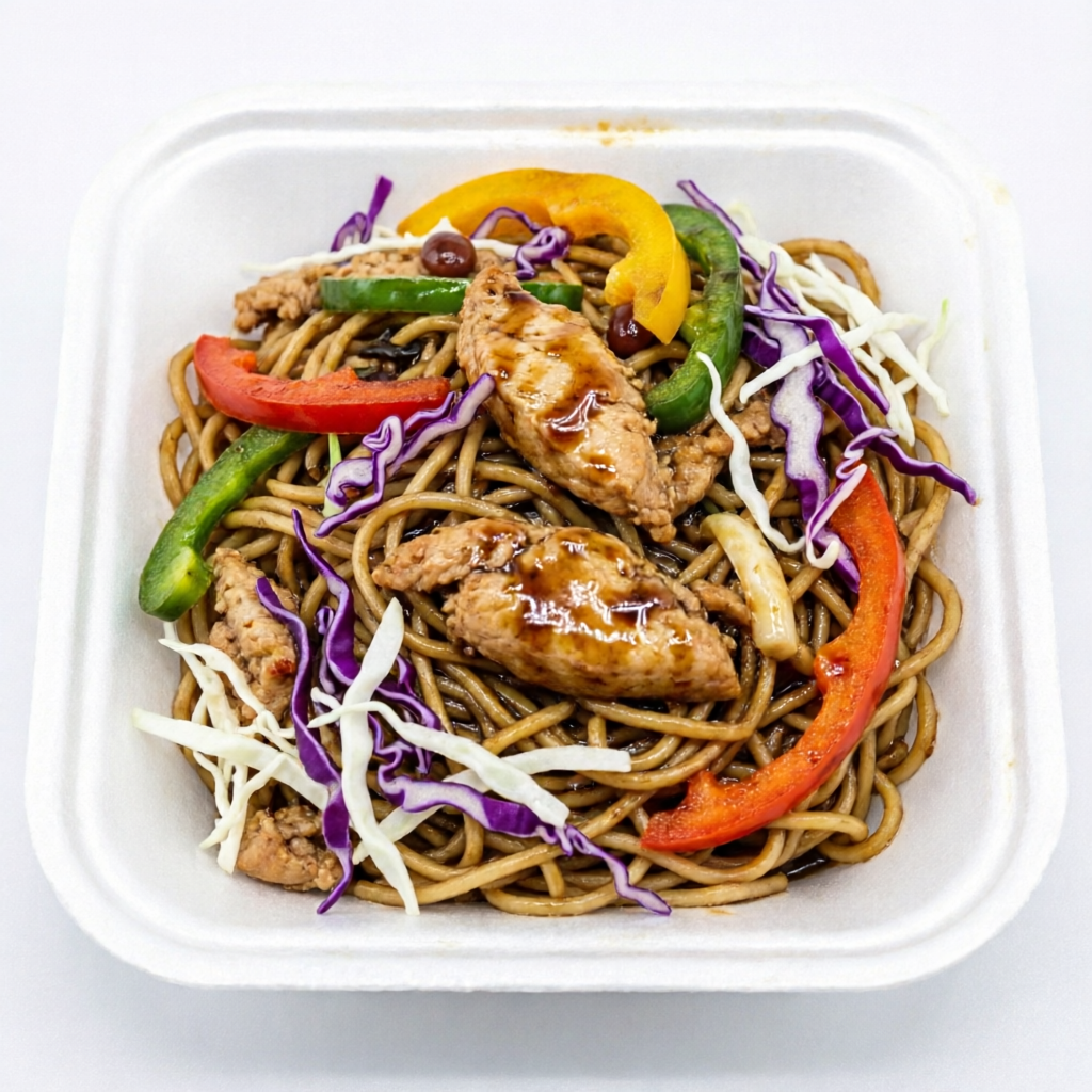 Macarrão, frango, pimentões, repolho roxo e branco, temperados com molhos shoyu e teriaki.