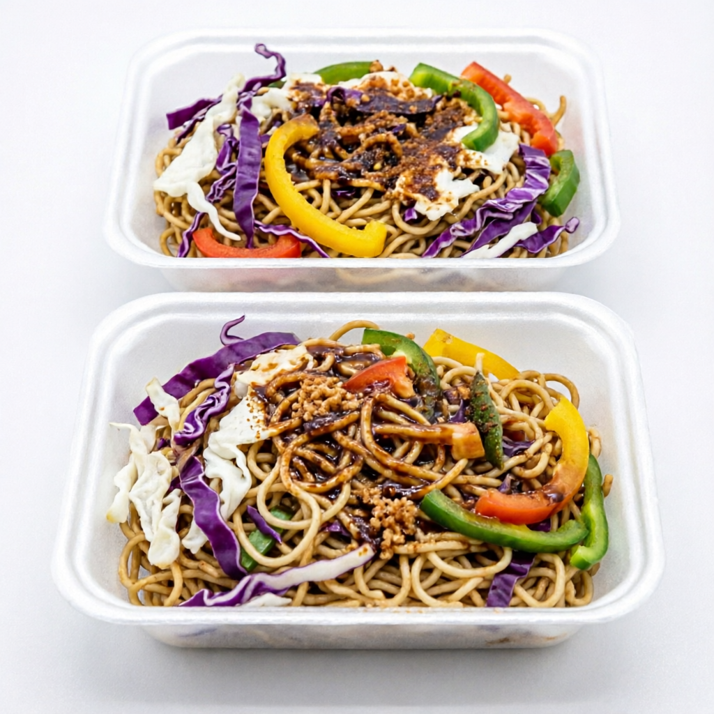 Macarrão, pimentões, repolho roxo e branco, temperados com molhos shoyu e teriaki. 2 sabores à sua escolha.
