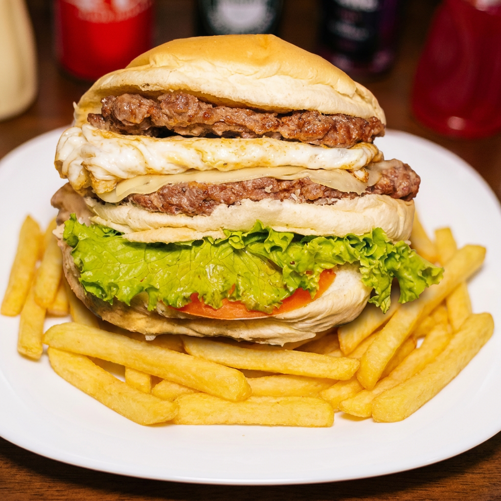 Pão bola, 2 carne, 2 ovo, alface, tomate, pepino, creme de repolho com maionese caseira, batata palha
