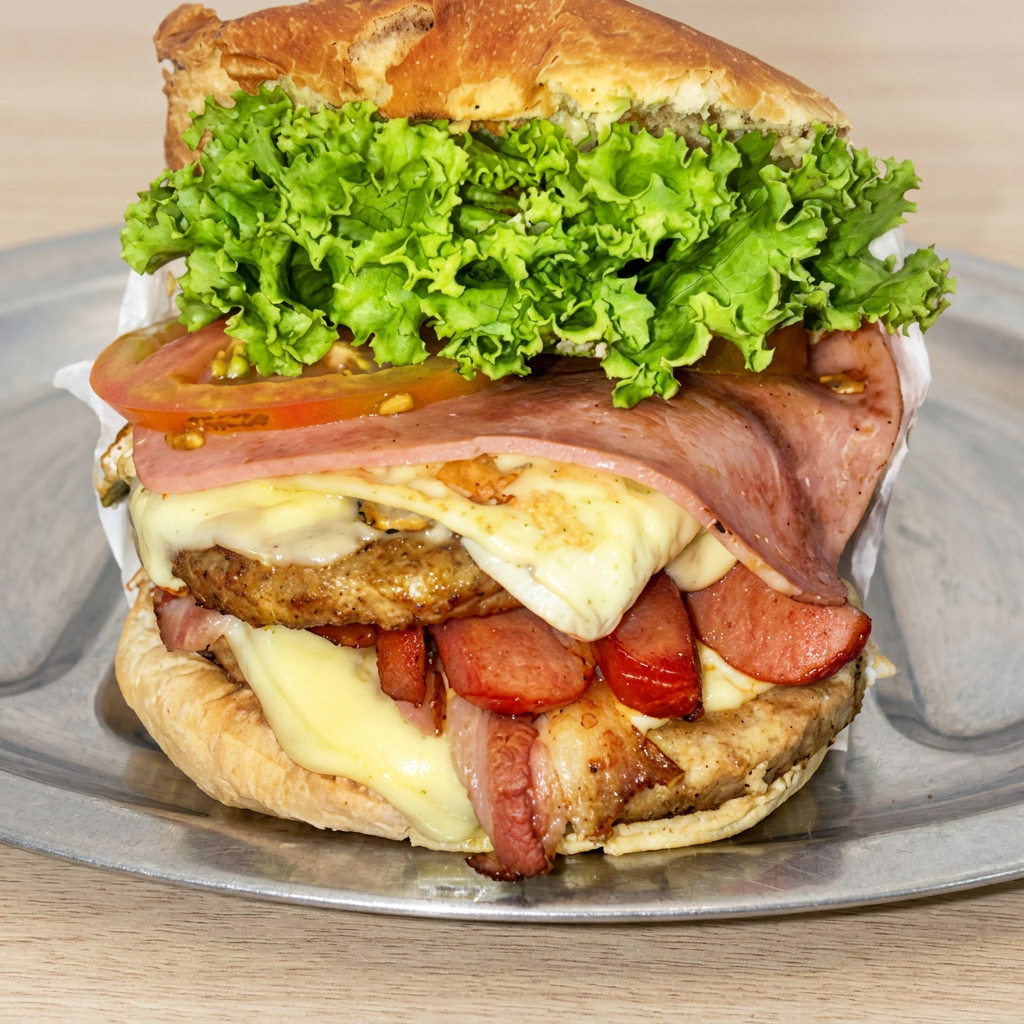 Pão bola, carne, bacon, calabresa, queijo, presunto, alface, tomate, pepino, creme de repolho com maionese caseira, batata palha