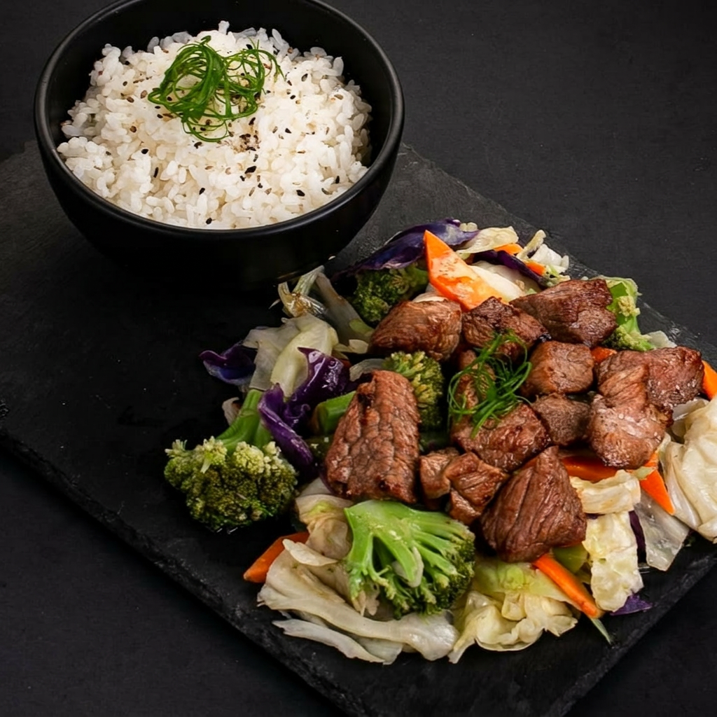 Acompanha legumes e gohan.