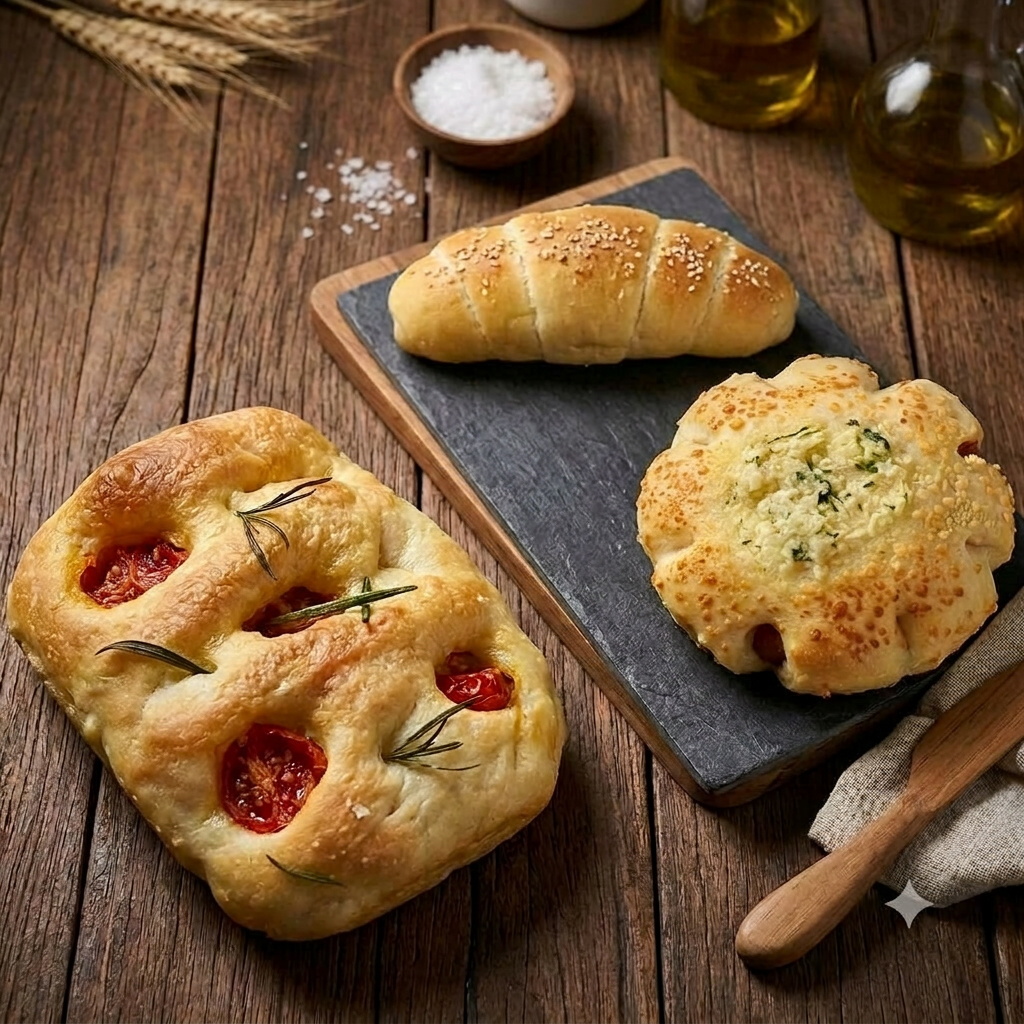 Esse combo acompanha 1 unidade de foccacia da sua escolha, 1 unidade de pão de bacon e 1 unidade do shio pan!