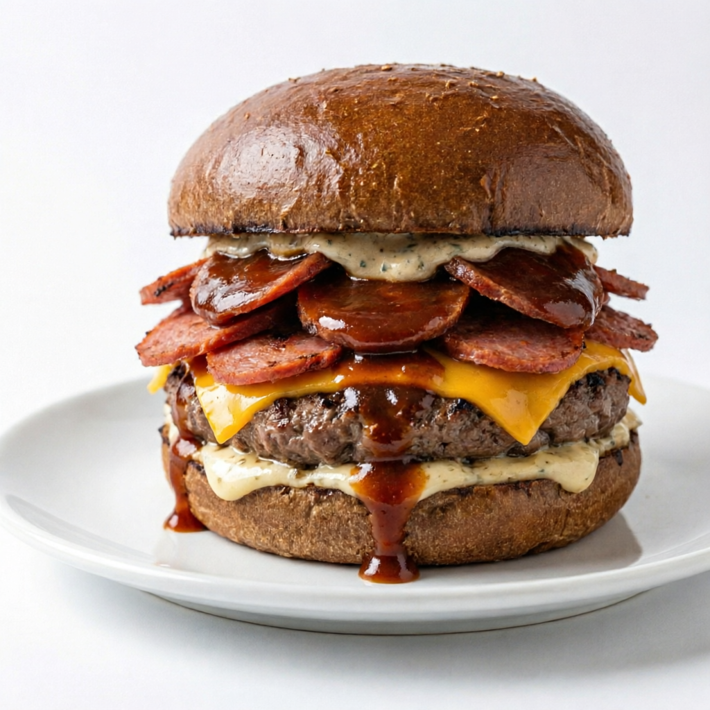 1 Burguer Artesanal de 140g, 2 fatias de queijo cheddar, calabresa, molho Barbecue no pão australiano