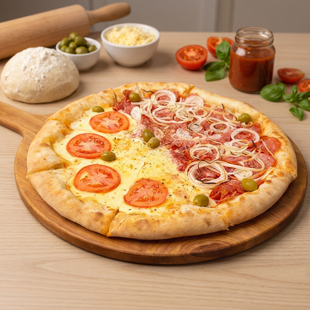 UMA PIZZA MEIA CALABRESA + MEIA MUSSARELA