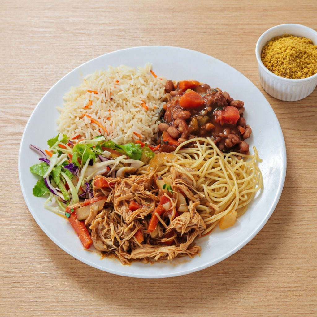 Acompanha macarrão al dente, arroz soltinho, feijão temperado, salada fresca e farofa crocante. Uma opção leve, saborosa e completa.