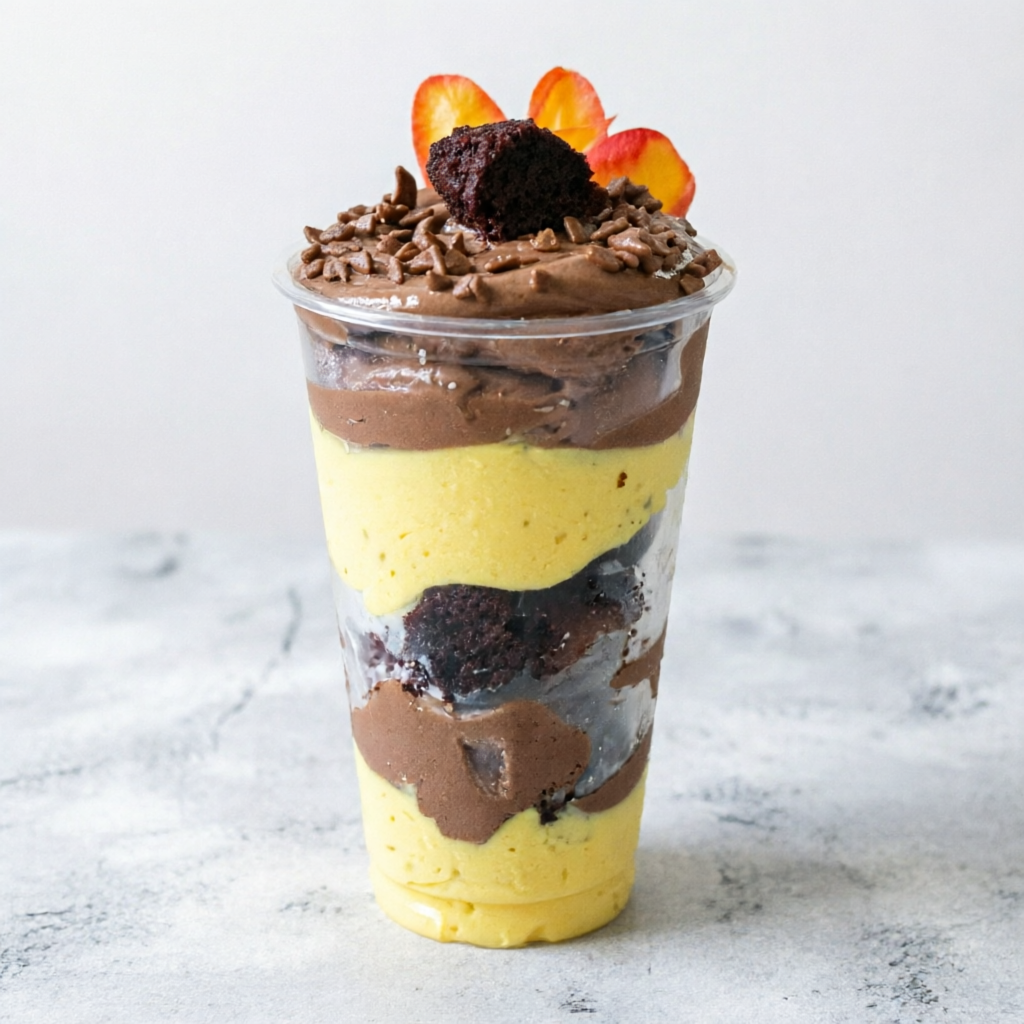 Um delicioso copo da felicidades creme de maracujá com Brownie e creme de chocolate serve 1 pessoa prox370g