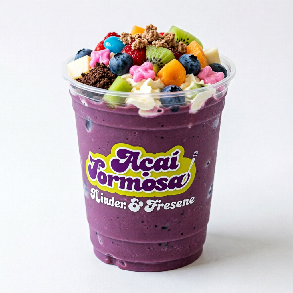 Açai, cremes, frutas e acompanhamentos tudo dentro do pote!