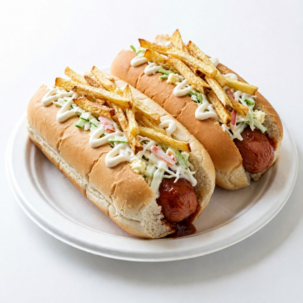 Pão de hot dog especial, salsicha molho, creme de repolho com maionese caseira, batata palha