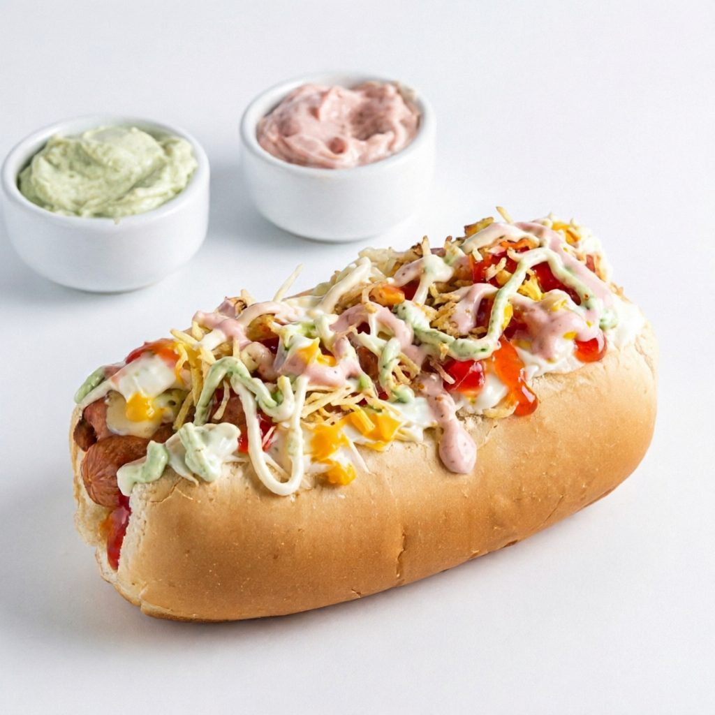 Pão de hot dog especial, salsicha, molho, creme de repolho com maionese caseira, Catupiry, cheddar, batata palha