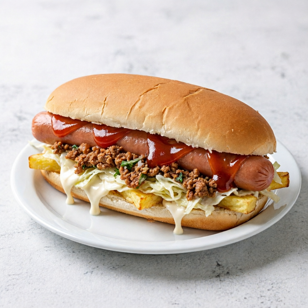 Pão de hot dog especial, salsicha molho, picadinho, creme de repolho com maionese caseira, batata palha
